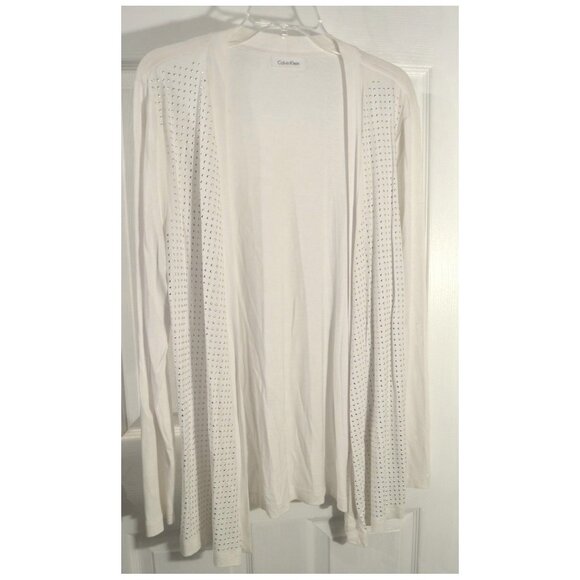 Calvin Klein Silver Beaded White Women's Open Cardigan Blouse Long Sleeve Sz L - Picture 1 of 3